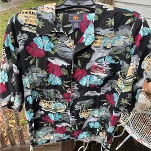 Woody Car Floral Route 66 Vintsge Hawaiian Shirt L Hawaii Aloha Black Red Rayon